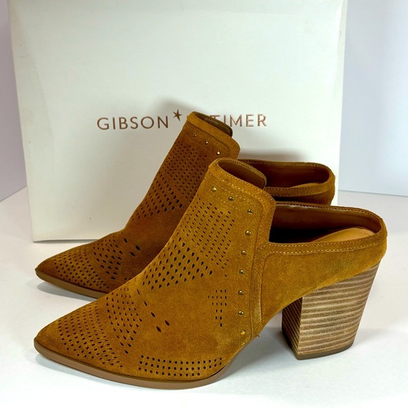Gibson Latimer Women’s Tan Mules Block Heels Close Toe Shoes Suede Leather 10 M - Picture 1 of 10
